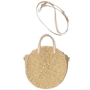 LC Lauren Conrad Straw Circle Handbag Shoulder Canteen Handle Tote Cookie Bag